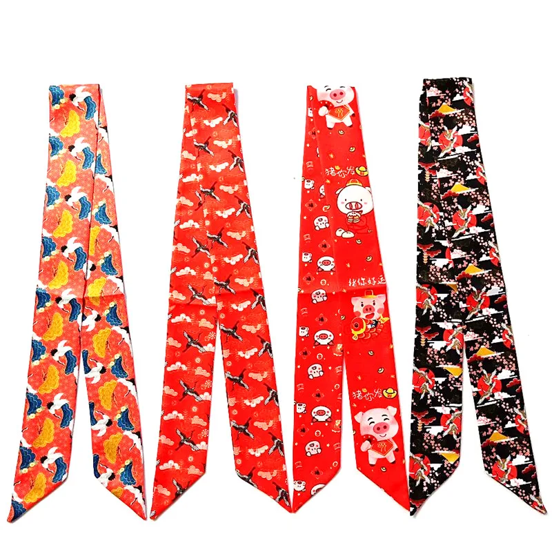 Syal tas Bangau bermahkota merah 2024 syal Skinny merek baru untuk wanita syal sutra leher kepala motif babi tas pembungkus syal pegangan panjang