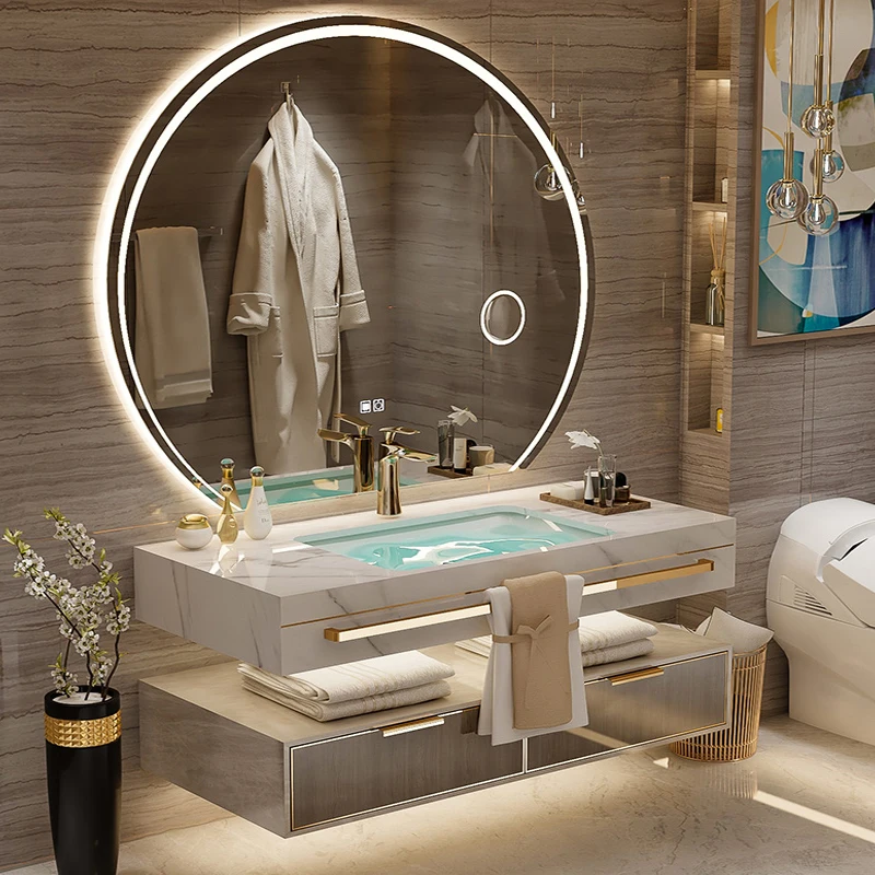 S7486 ss Light Luxury Solid Wood Stone Plate Seamless Basin Bathroom Cabinet Combination Smart Washbasin Wash Basin Double Basin