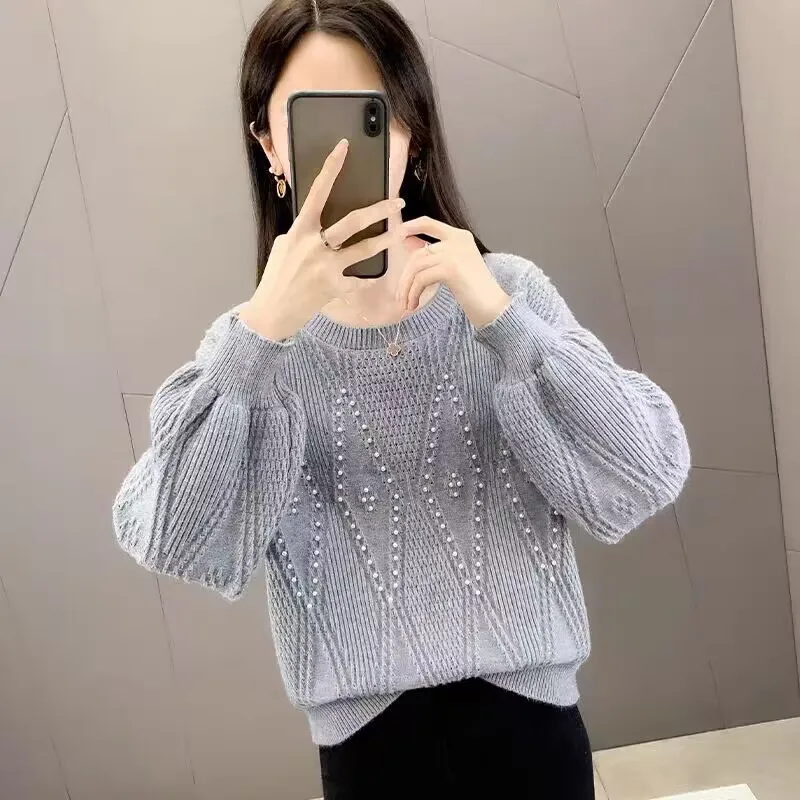 Knitted Sweater Women Autumn2024 New Loose Outer Wear Beaded Prismatic Explosions Sweater Female Long Sleeve Jumper Clothing top