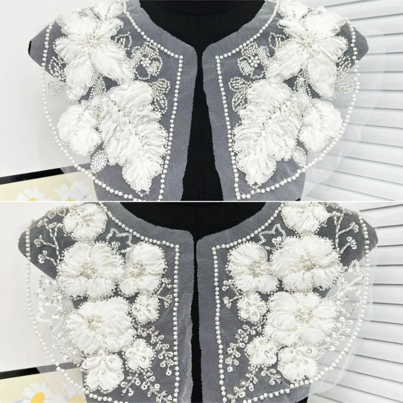 Heavy Beaded Organza Mesh Collar Floral Applique Luxury Decorative False Collar for Wedding Dress Cheongsam Stage Performance
