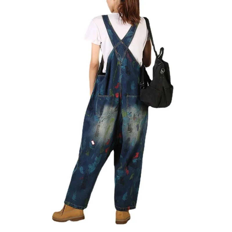 Jeans Overalls Spring Fashion Printed Women Streetwear Denim Suspenders  Jumpsuits  Casual Long Pants Pocket Cowboy Rompers