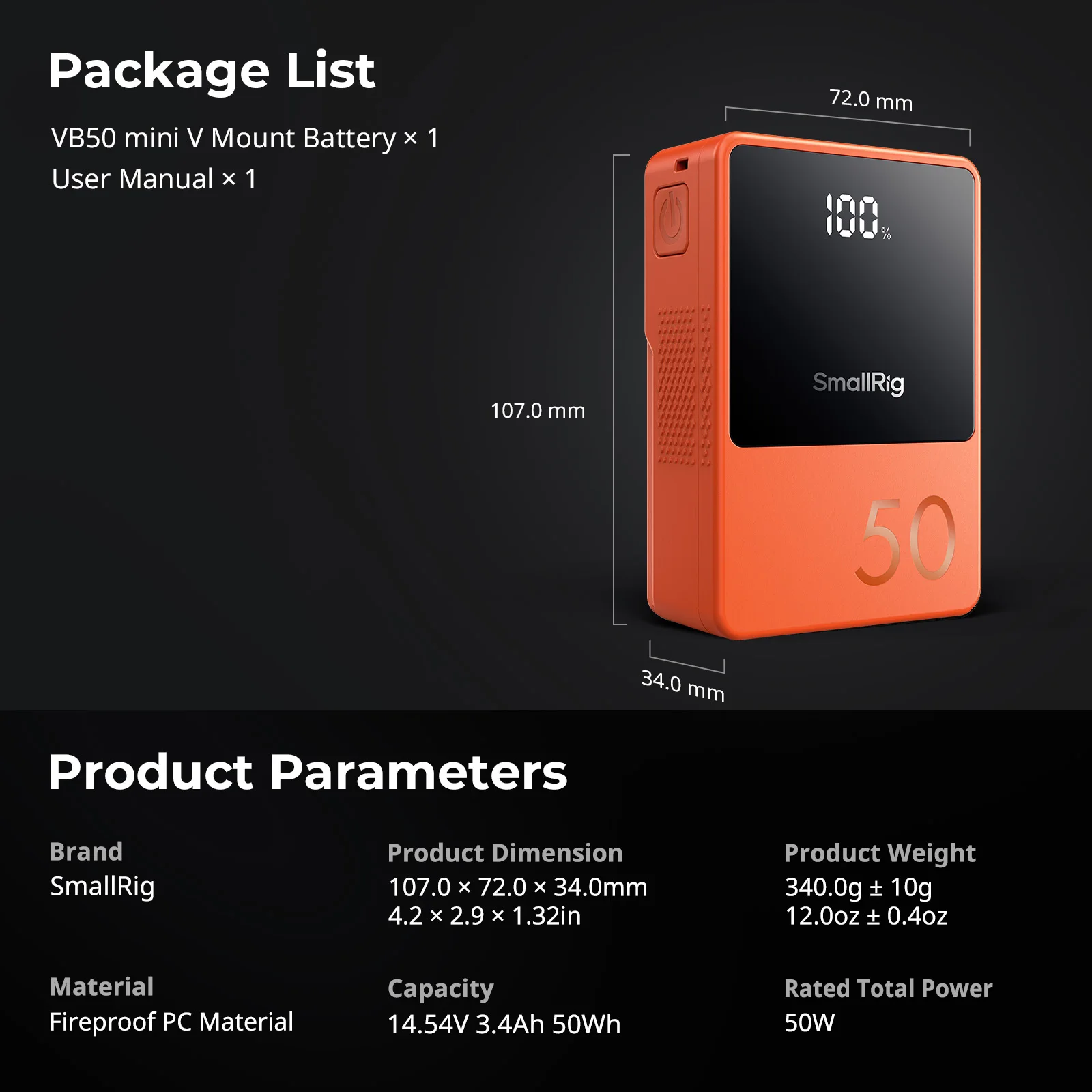 SmallRig V-Mount Batterij VB50, 3400mAh 50Wh 14.8V mini V-Mount Batterij met ondersteuning voor 45W PD USB-C snellader voor camera en camcorder - afbeelding 1