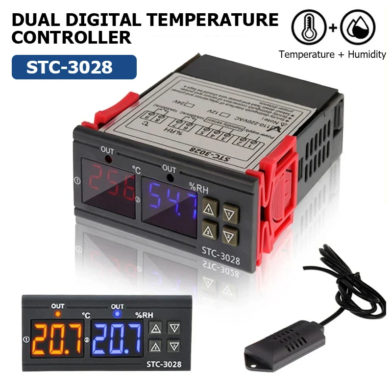 STC-3028 Dual Digital Temperature Humidity Controller for Incubator Heating Cooling Thermoregulator Thermostat AC 220V DC12V 24V