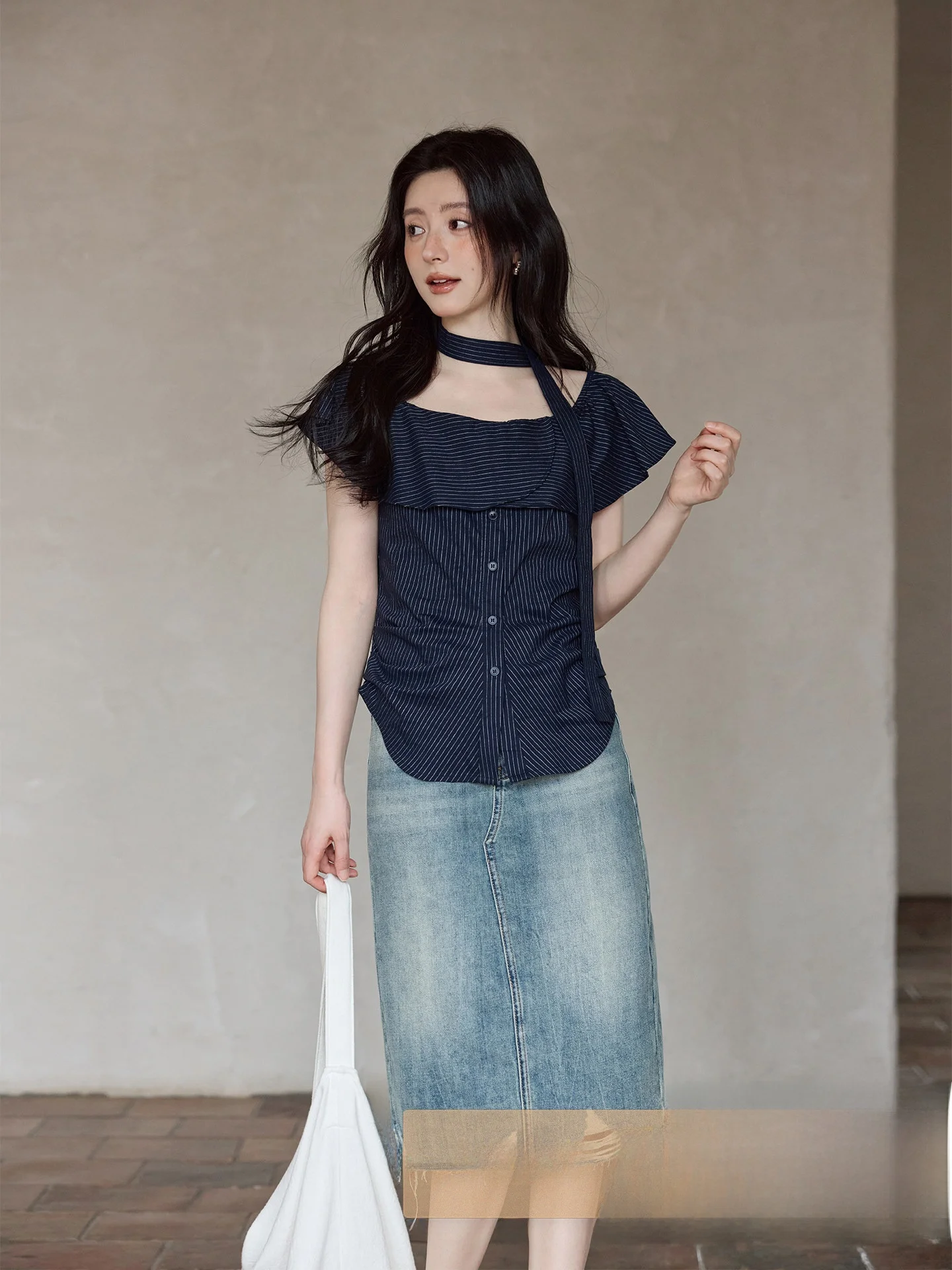 

New Summer Blue Striped Shirt with Lace Design Korean Style Commute Simple Cotton Polyester Blend Short Sleeve round Neck