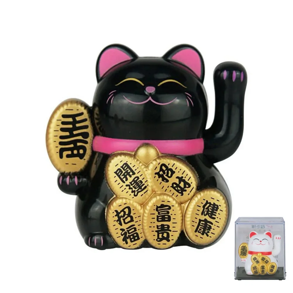 Solar Powered Maneki Neko Lucky Cat Welcoming Chinese Lucky Cat Waving Hand Beckoning Fortune Cat Figurines For Home Decor