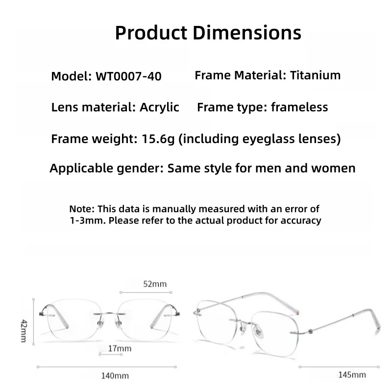 DIEDIESEE جديد إطار نظارات بدون إطار من التيتانيوم الخالص خفيف للغاية للرجال والنساء إطار نظارات طبية بصرية WT0007-40 #5