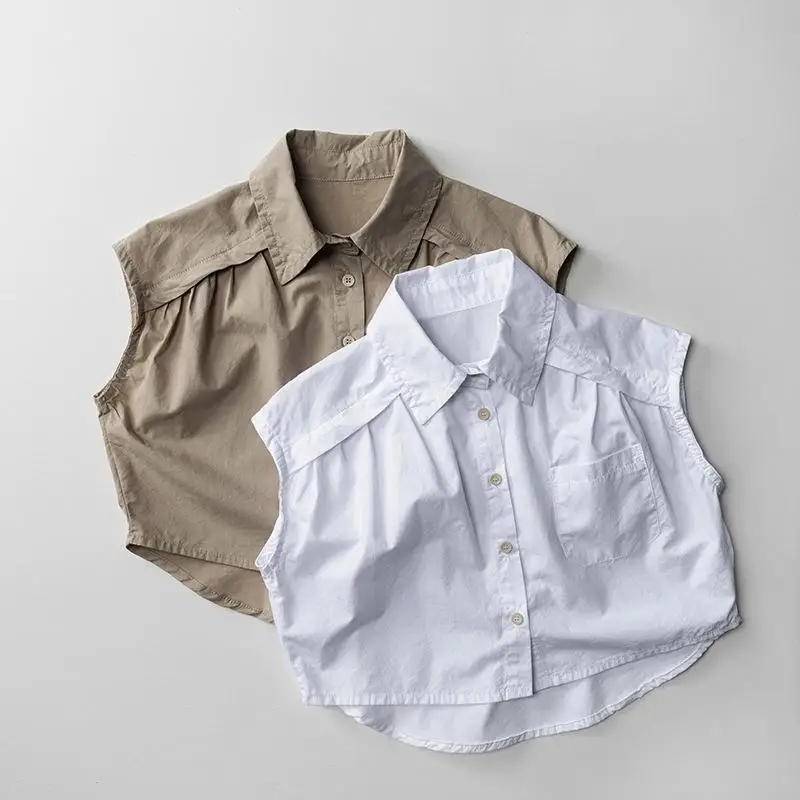 

2025 Summer New Children Sleeveless Shirts Thin Girls Solid Lapel Shirts Fashion Kids Boys Versatile Cotton Tops Baby Clothes