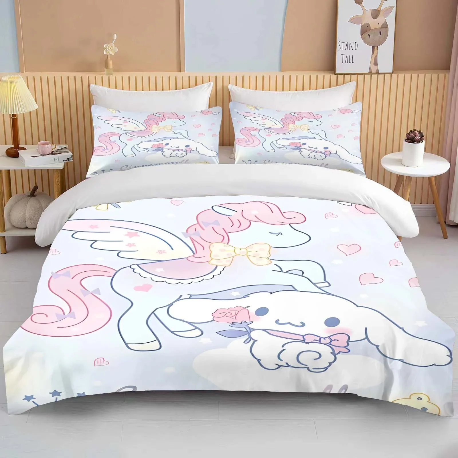 Kawaii Sanrio Cinnamoroll Zestaw pościeli z nadrukiem Poszwa na kołdrę 1 poszwa na kołdrę 2 poszewki na poduszki Zestaw pościeli dla dorosłych i