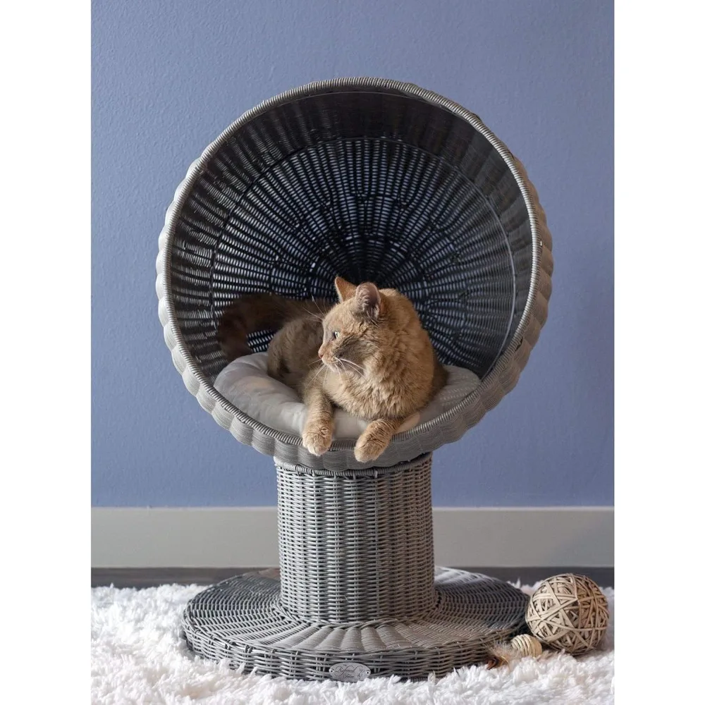 

Cat Bed Cave for Indoor Cats in Smoke, Claw-Proof Faux Rattan Cat Furniture, Easy to Clean Elevated Cat Bed