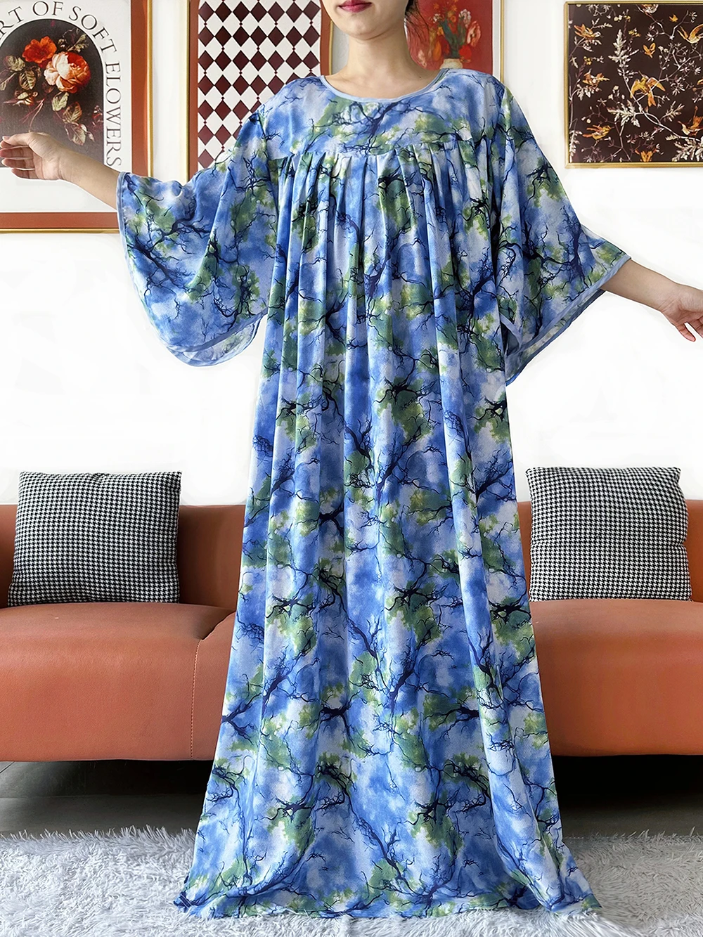 New Loose Floral Dress Short Sleeve Cotton Women Abaya with Big Scarf Boho Maxi Dress Fashion Dress African Vestidos ED325 2