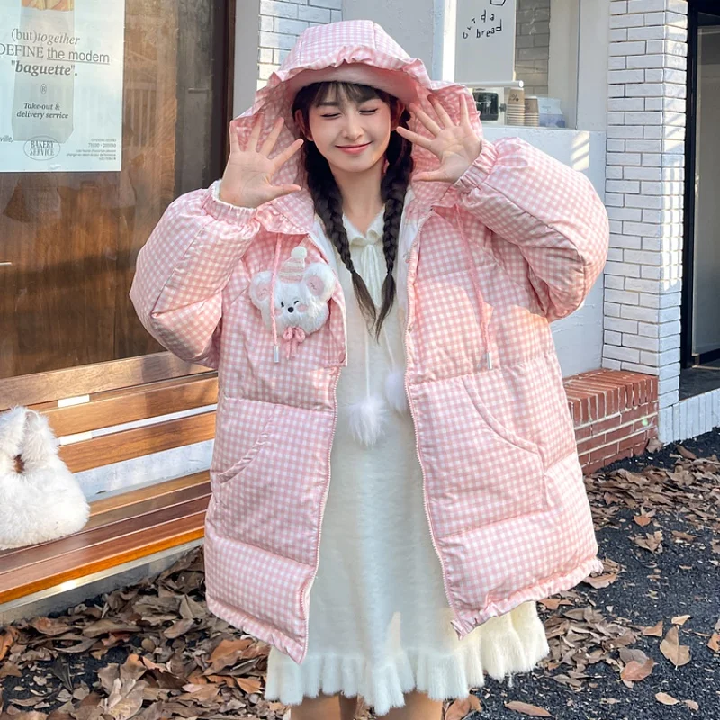 Sweet Pink Checkered Print Double-sided Down Jacket 3D Bear Doll Jacket Winter Warm Down Jacket