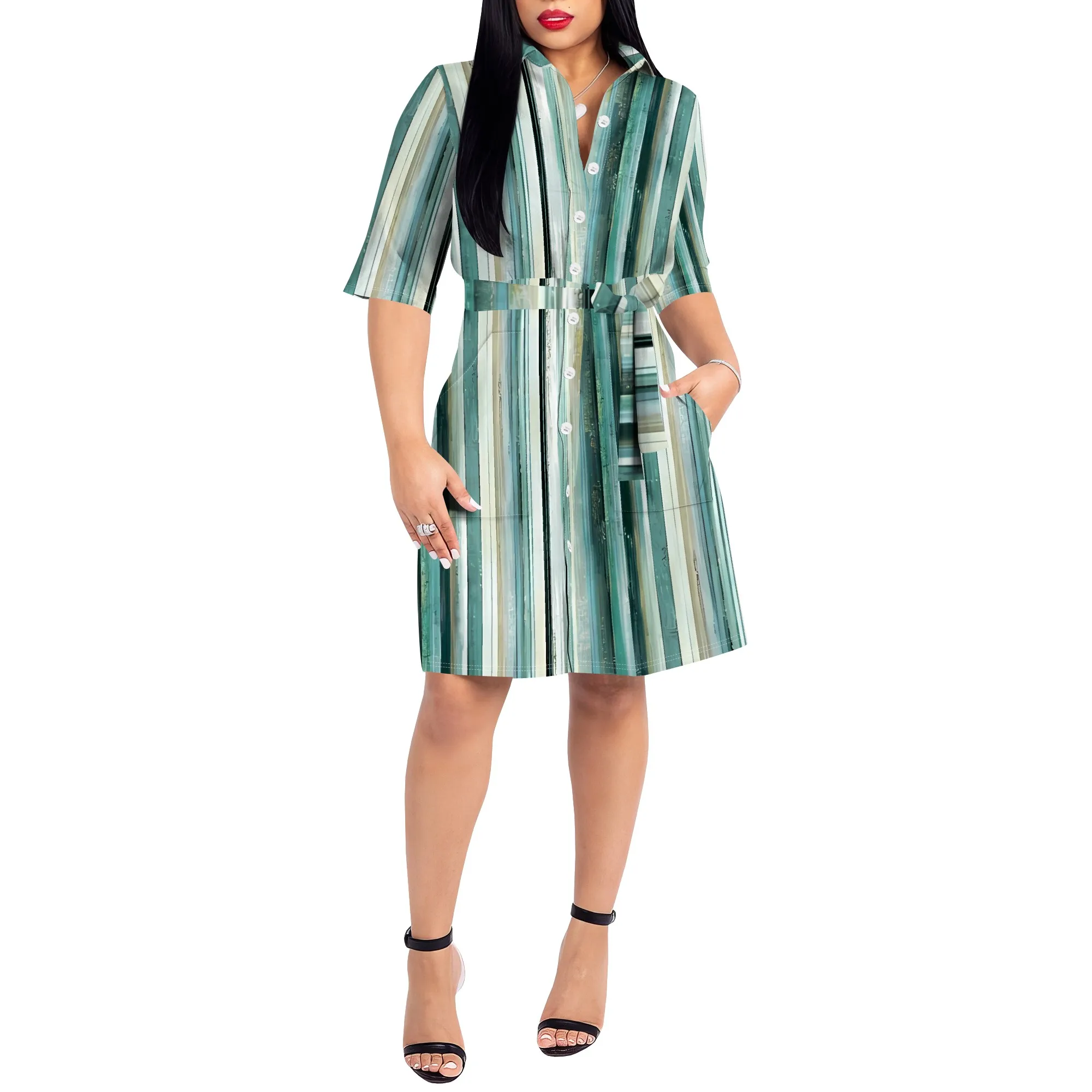 Nupusa Robe imprimée rayée pour femme Taille standard Robe d'été décontractée à col chemise et demi-manches