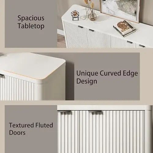 Aparador grande estriado con estantes ajustables, credenza blanca de 65' para salón o pasillo