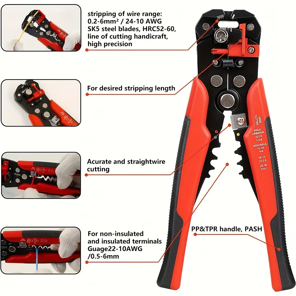 Professional Electrician's Automatic Wire Stripper - Multi-Function 24-10AWG Range Quick Peel & Cut Cable Crimping Tool