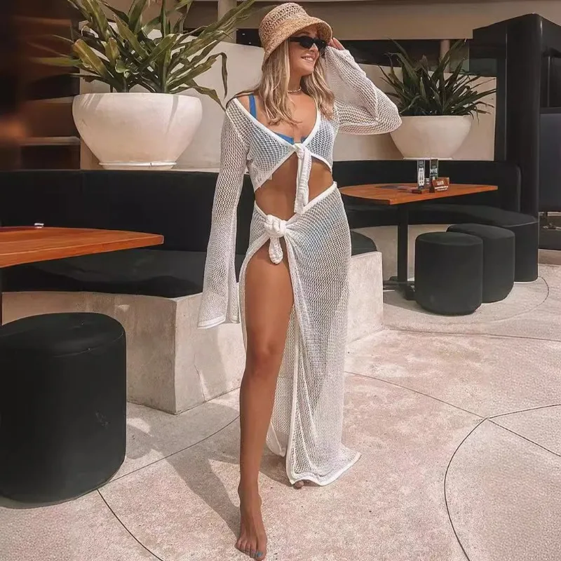 2024 Summer Mesh Hollow Sheer Vacation Beach 2 Piece Set Women V Neck Bandage Crop Tops High Split Skirt Lady Bikini Cover Up