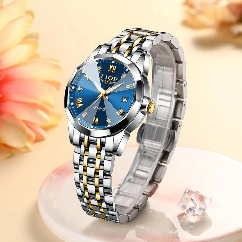 LIGE jam tangan wanita Quartz relogio feminino, jam tangan Stainless Steel wanita elegan mode tahan air mewah jam tangan wanita baru 2024