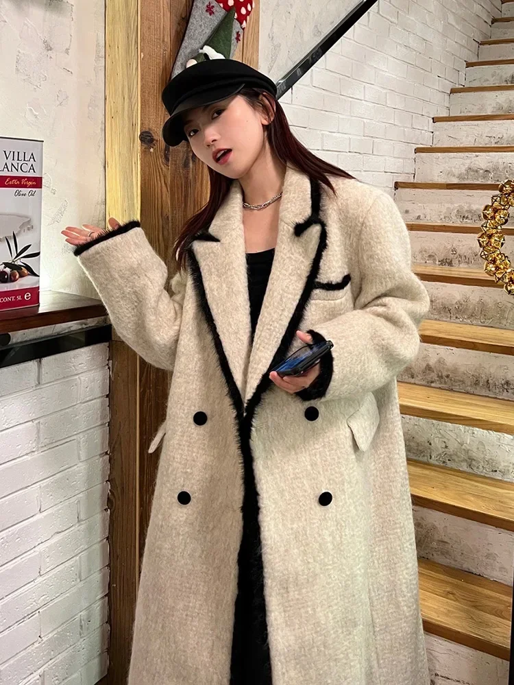 Fashion Party 2024 Autumn Winter New Arrival High-End Color Block Coat Women  60% Wool Blend Long Woolen Jacket Mink hair side