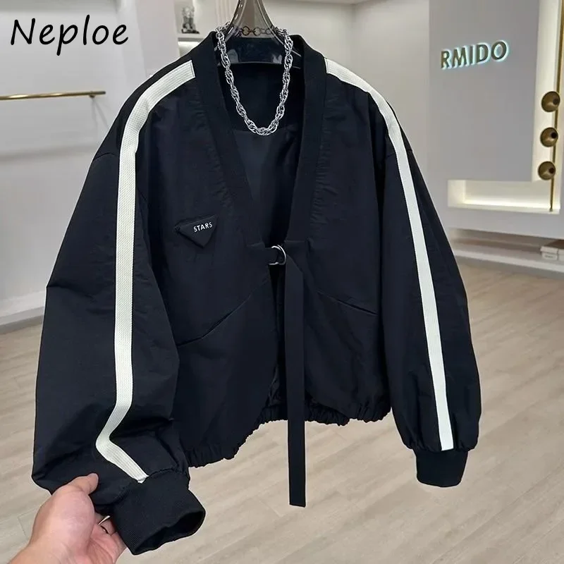 Neploe Korean Niche Unique V-Neck Jacket Femme 2025 Autumn Loose Casual Solid Color Long Sleeve Vintage Y2K Streetwear Coats