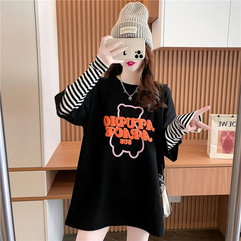 Fashion Striped Spliced Fake Two Pieces Letter T-Shirt Female Clothing 2023 Autumn New Korean Pullovers Loose Casual Tee Shirt