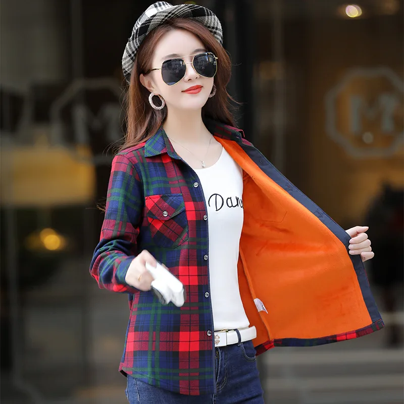 

Winter New Women's Elastic Fleece Plaid Shirt Women's Long-sleeved Thickened Warm Integrated Fleece Top