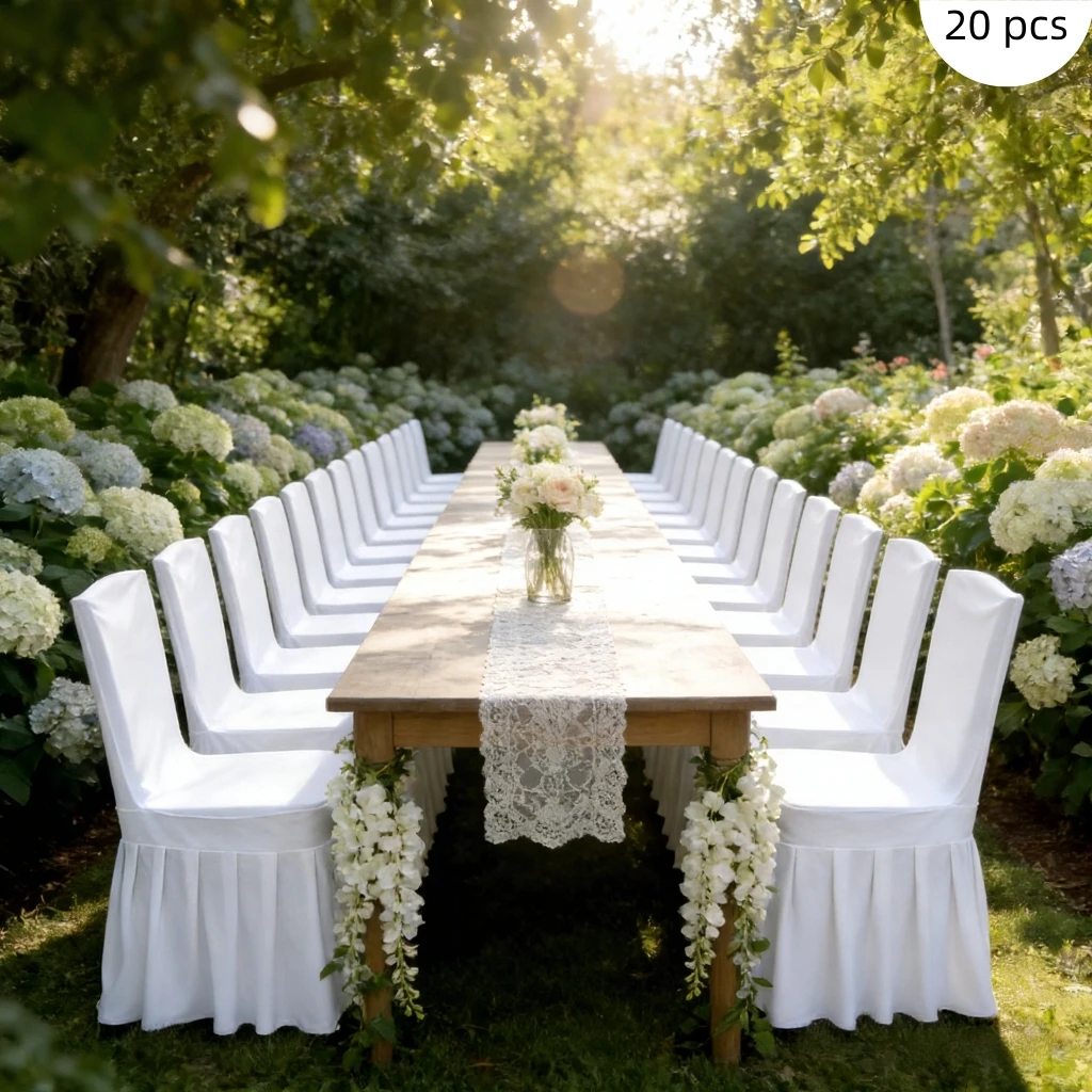 

20 шт. чехлов для стульев с плиссированной юбкой, толстые белые чехлы из полиэстера и спандекса, нескользящие, пылезащитные, для стульев в столовой и на мероприятиях