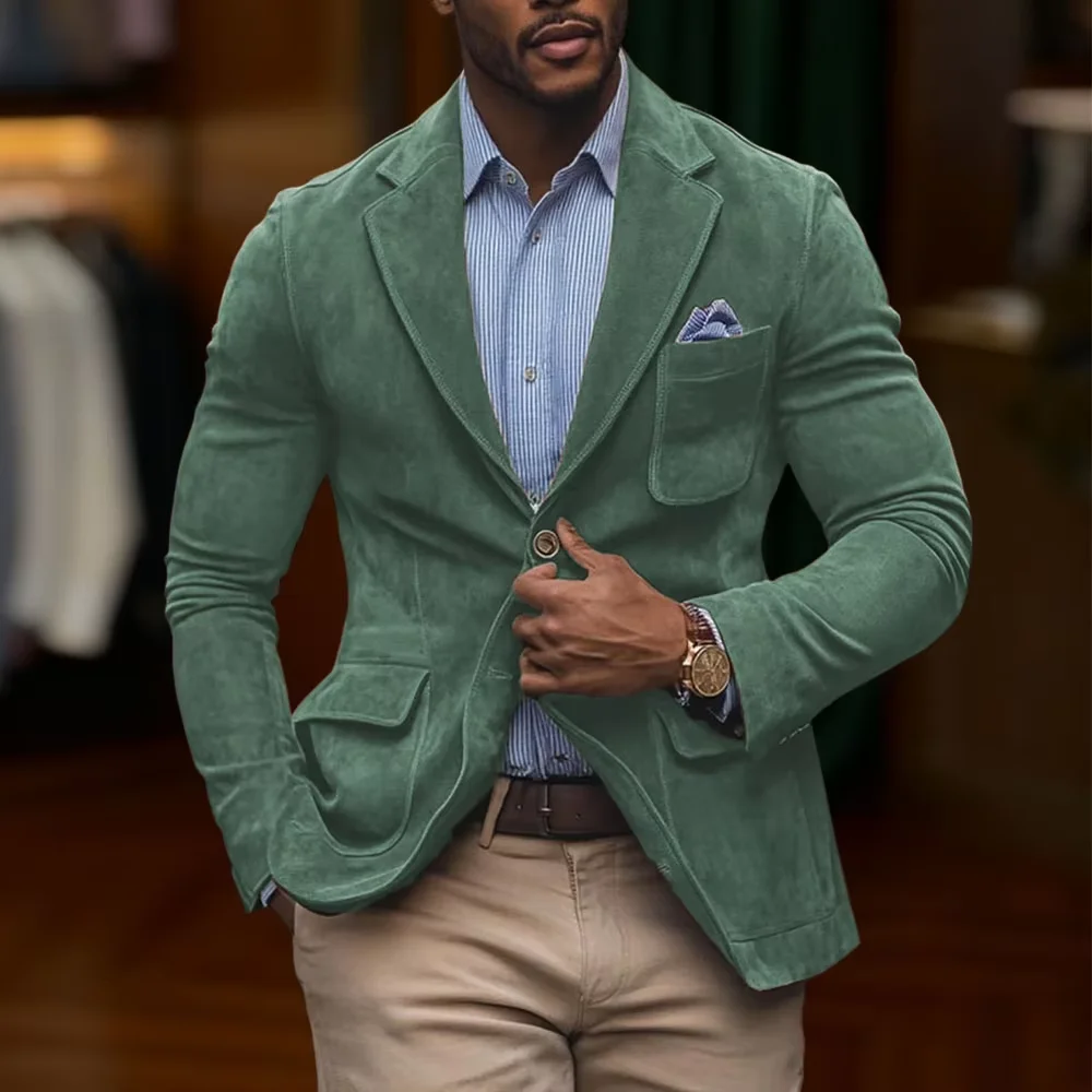 Men's Suede Brown Blazer Vintage Slim Fit Notched Lapel Formal Jacket High Quality Flap Pocket Sport Coat For Business Casual 12