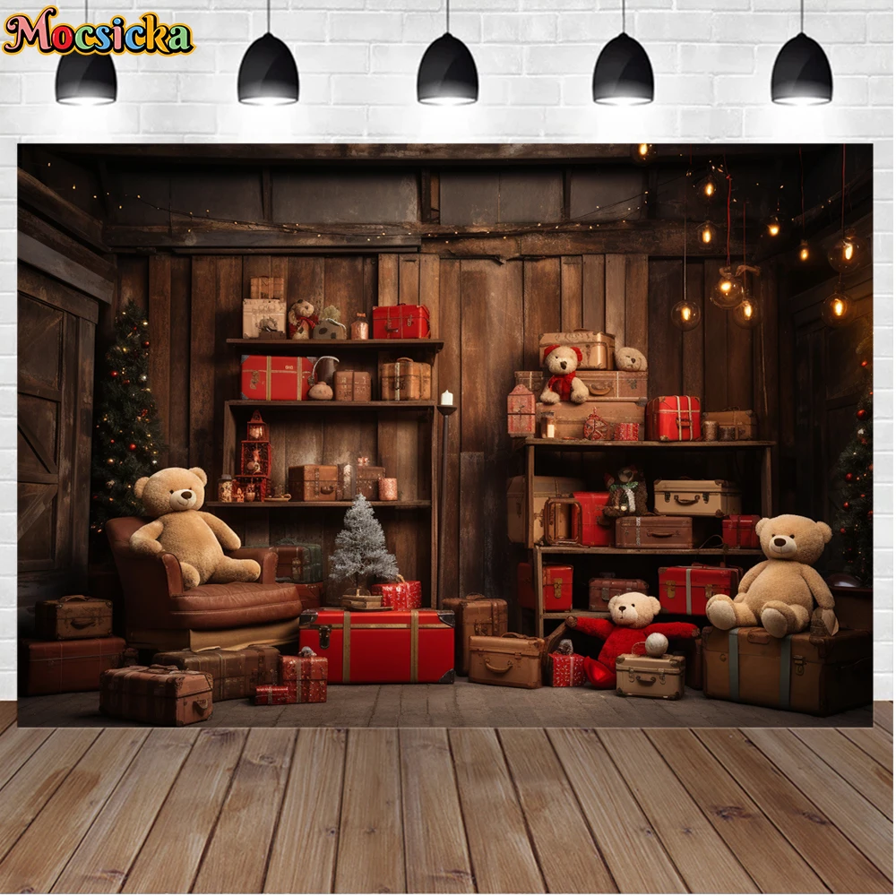 Mocsicka-Fond de photographie de Noël d'hiver, mur de fond, arbre de Noël, ours, fête de vacances, famille, enfants, studio photo, cadeau