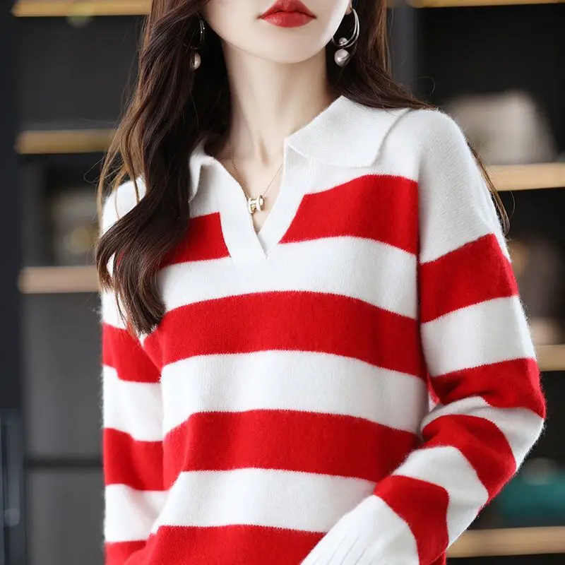 POLO Collar Fashion Striped Knitwear Sweater Autumn Winter New Loose Korean Version Pullover Temperament Base Shirt Top Woman