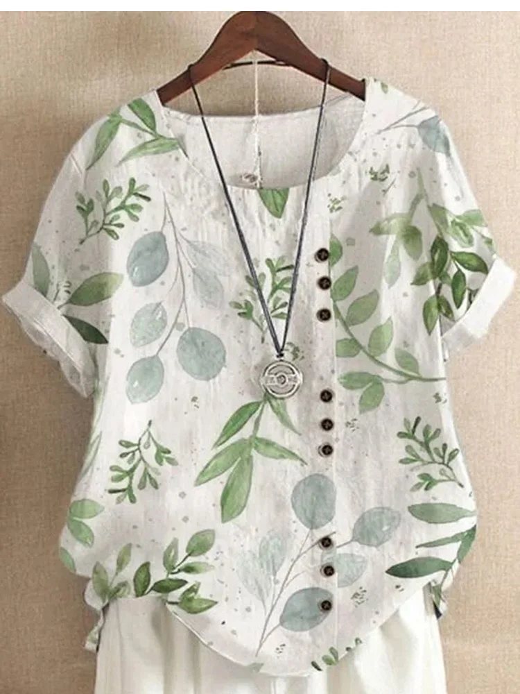 2024 summer AliExpress vintage cotton and linen fashion print loose casual shirt short sleeve T-shirt