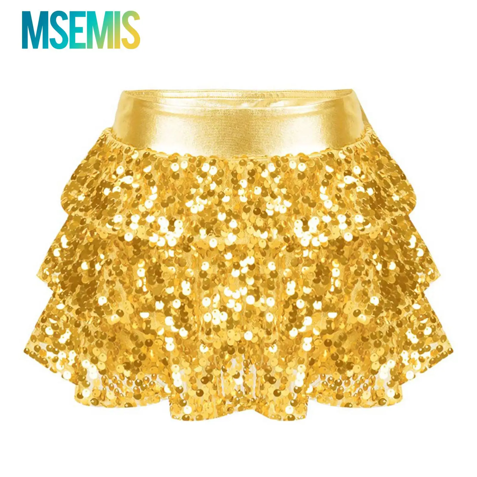 Kids Girls Metallic Hip Hop Jazz Dance Culottes Shiny Sequins Tiered Ruffle Latin Jazz Skirted Shorts Stage Performance Costume