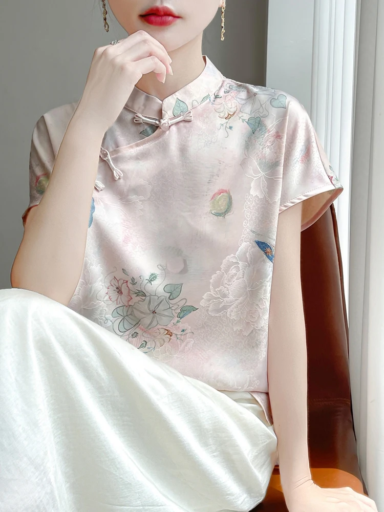 

Ele Silk Printed ort Sve T-irt Chinese Sle Stand Collar Women's Faionable Versatile Satin Fabric Top
