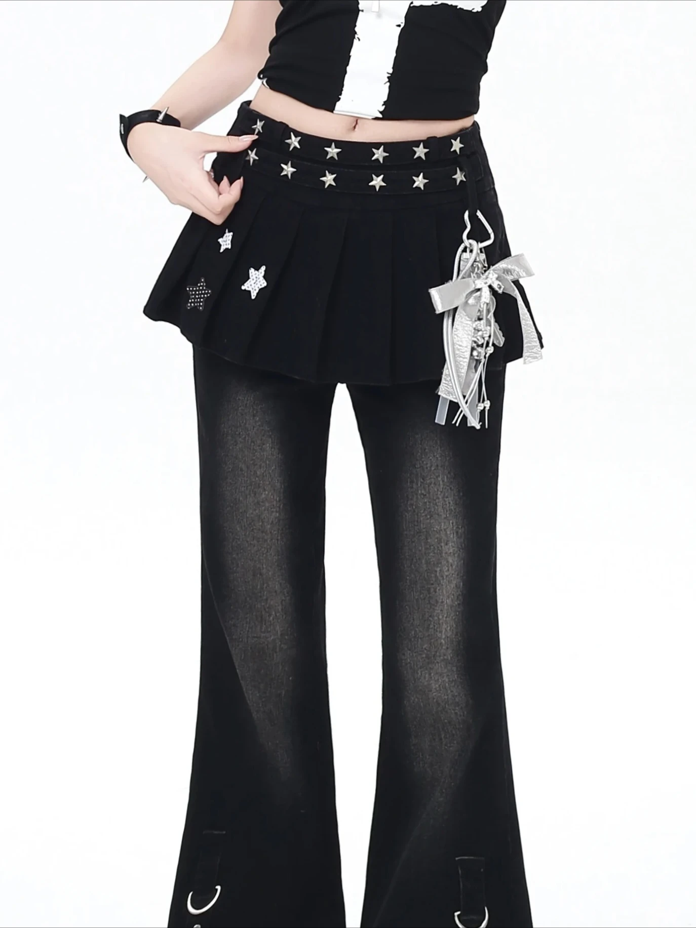 

Harajuku Style Hot Girl Fake Two-Piece High-Waisted Slimming Skirt Pants Subculture Gothic Denim Flared Pants Autumn Y2K Jeans
