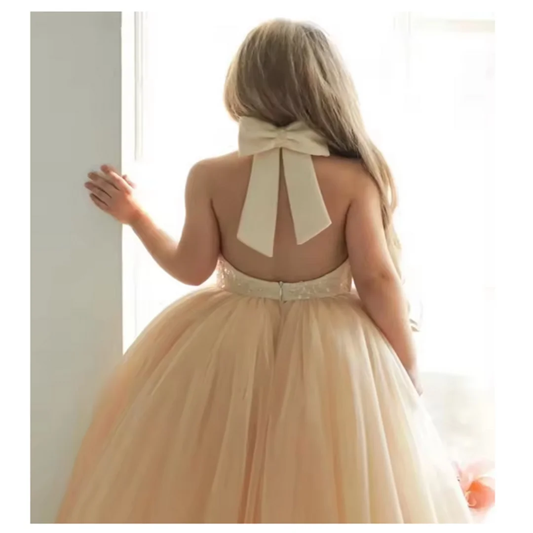 Girl Dress For Wedding Tulle Fluffy Sequins Backless High Neck With Bow Birthday Party Child Holy Communion Dresses