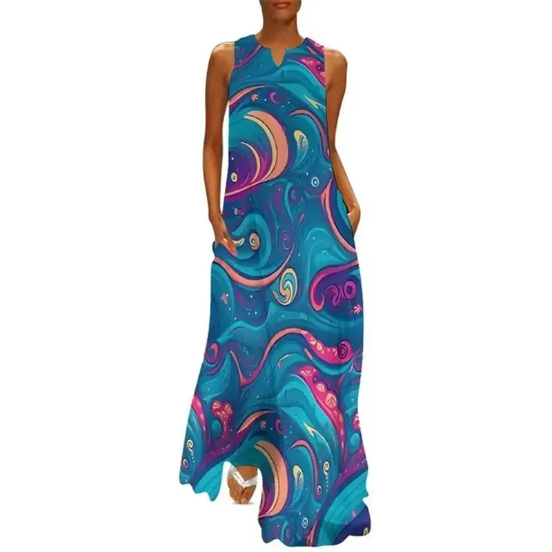 Colorful Wave Print Dress For Womens Robe Spring Summer V-neck Sleeveless Bohemia Beach Long Dresses Female Vintage Maxi Dresses