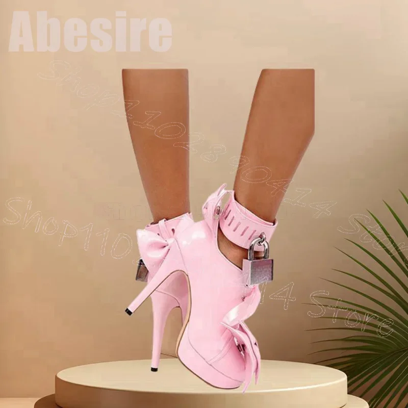 

Pink Bow Knot Lock Decor Cross Tied Platform Boots Buckle Strap Women Shoes Thin High Heels Round Toe 2025 Zapatos Para Mujere