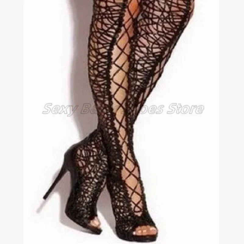 

Black Lace See Through Cross Strap Sexy Over The Knee Fashion Stage Boots, Runway Long Cool Boots From Europe and America