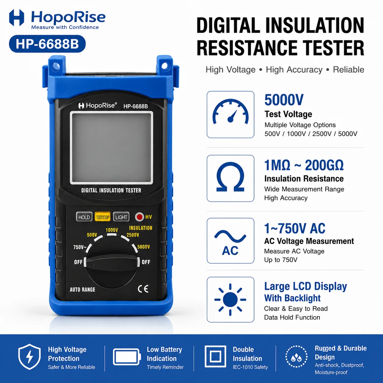 Digital Insulation Resistance Tester 5000V 200GΩ Megohmmeter 1999 Counts LCD Meter for Motor Cable Transformer Testing,HP-6688B