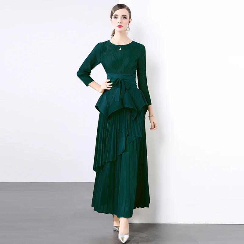 New Fashion Pleated 2 Piece Set For Women Round Collar Irregular Belt Gathered Waist Ruffles Tops + Miyake Party Long Skirt Suit