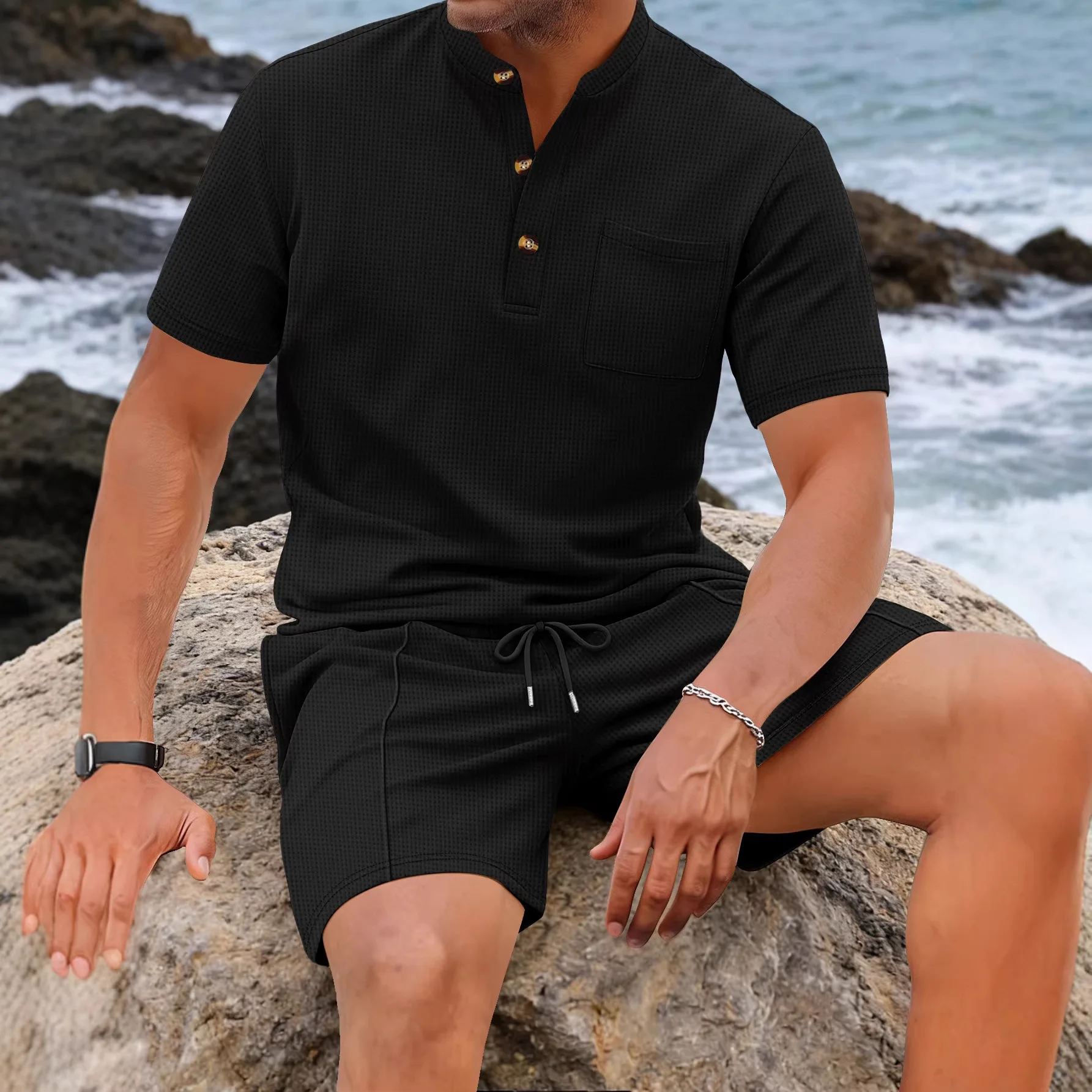 Men's 2 Piece Waffle Knit Stand Collar Henley Shirt & Shorts Set - Short Sleeve Button Placket Outfit with Chest Pocket for Summ