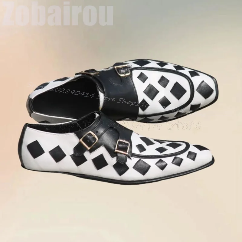 Checkerboard Design Buckle Decor Double Monk Loafers Fashion Slip On Men Shoes Luxurious Handmade Party Banquet Men Dress Shoes