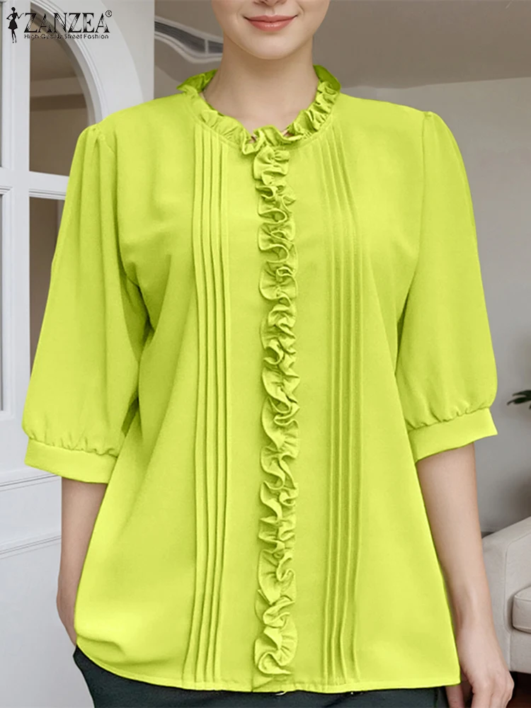 

ZANZEA Elegant Ruffles Trim Women Blouses 2025 Autumn 3/4 Puff Sleeve Pintuck Solid Color Blouse Everyday Wear Woman Clothes 3XL