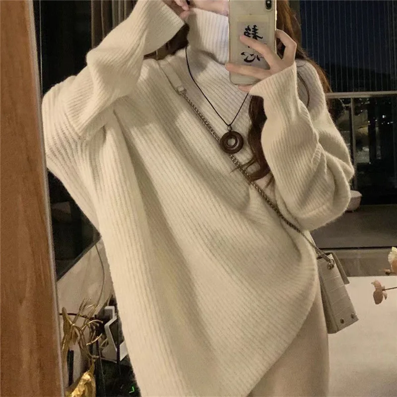 2022 Autumn Winter Korean Fashion Irregular Turtleneck Solid Oversized Knitted Sweaters Women Solid Long Sleeve Pullovers Jumper