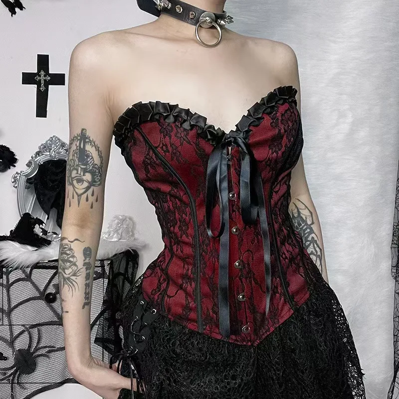 

French dark style tube top vest feeling slim lace waist slimming strap top, retro high-end elegant temperament fishbone bra