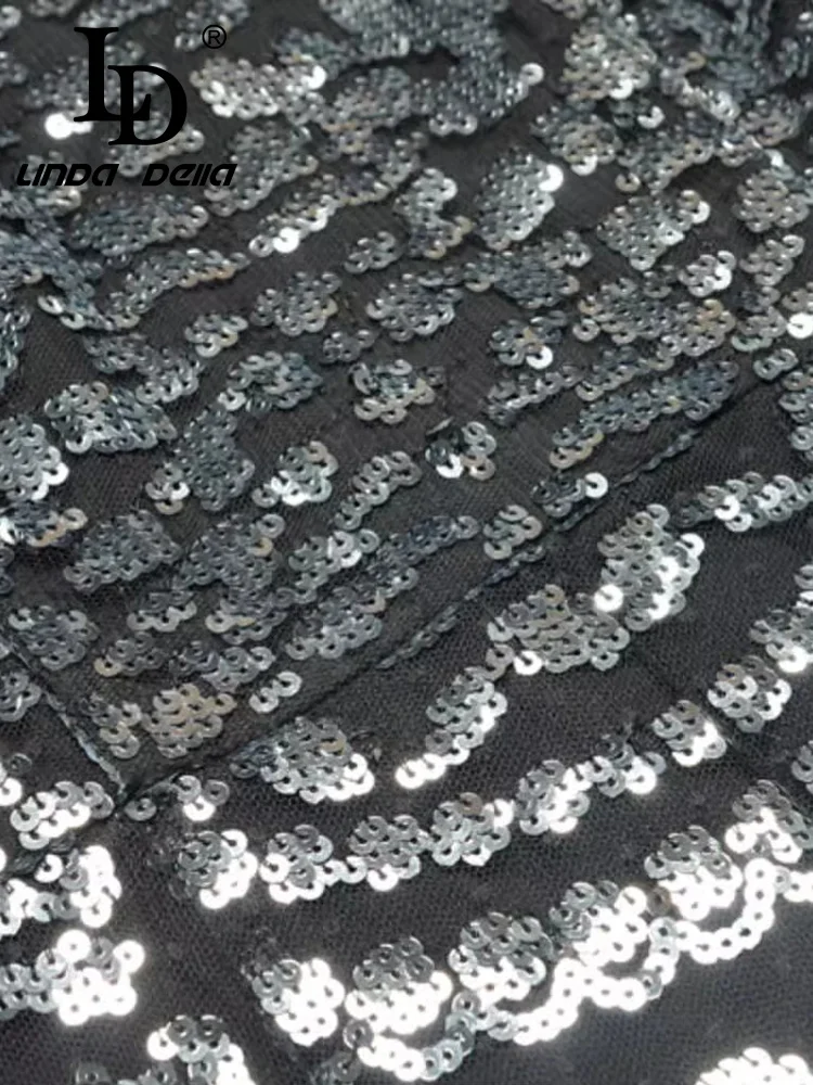 LD LINDA DELLA فساتين راقية صيفية للنساء برقبة على شكل حرف v وأكمام طويلة وخصر عالٍ فساتين ضيقة شبكية ترتر