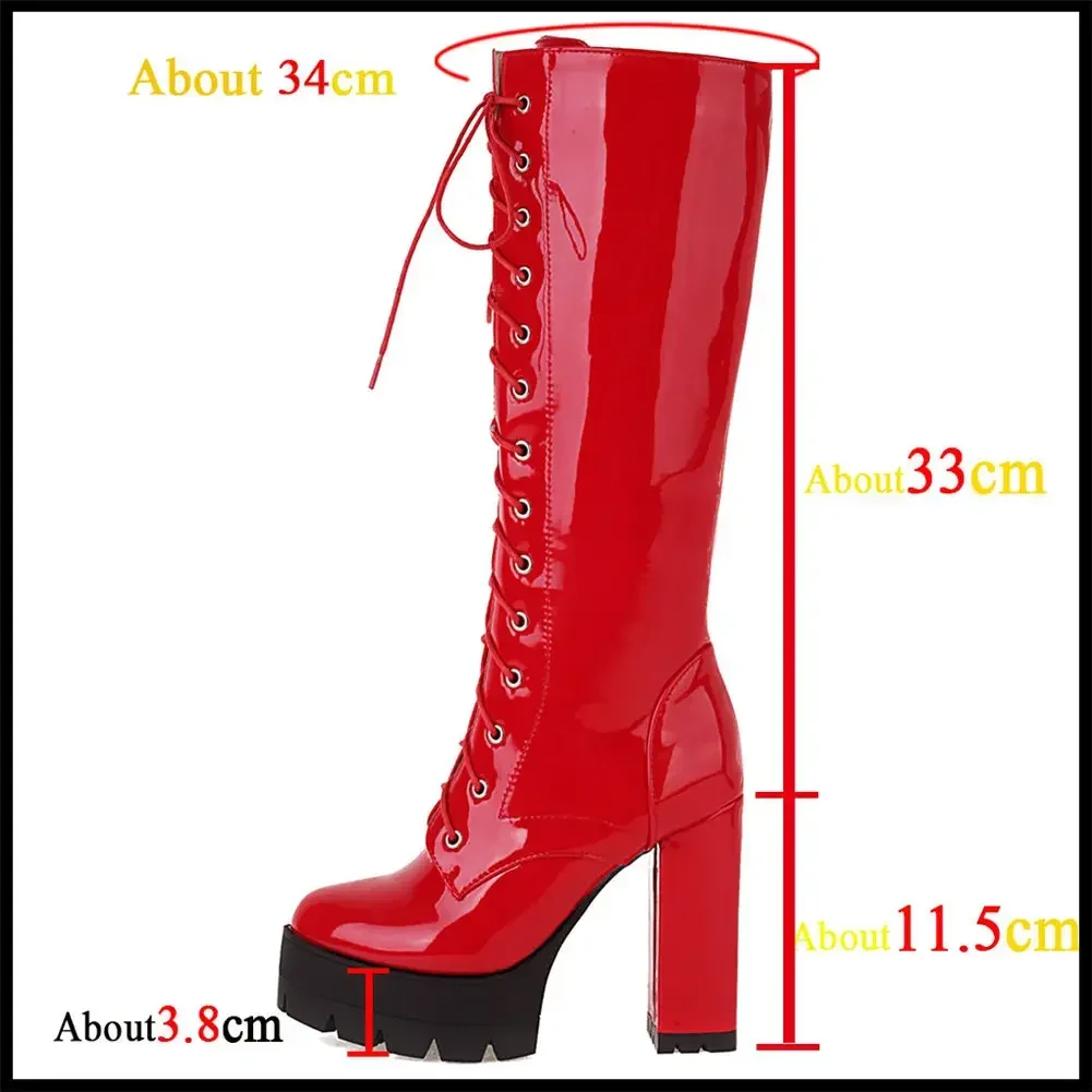 Female Motorcycle Boots Platform Chunky Heel Knee High Med Calf Boots 2024 New Arrivals Platform Chunky Heel Lace Up Red Black