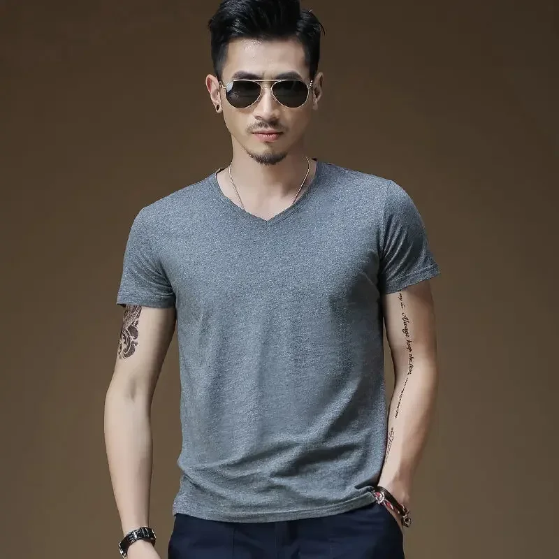 

Men's Solid Color T Shirt V Neck Short Sleeved Tops Gym Tees Slim Fit Summer T-Shirt Tights Man T-Shirts Fitness Male Clothes