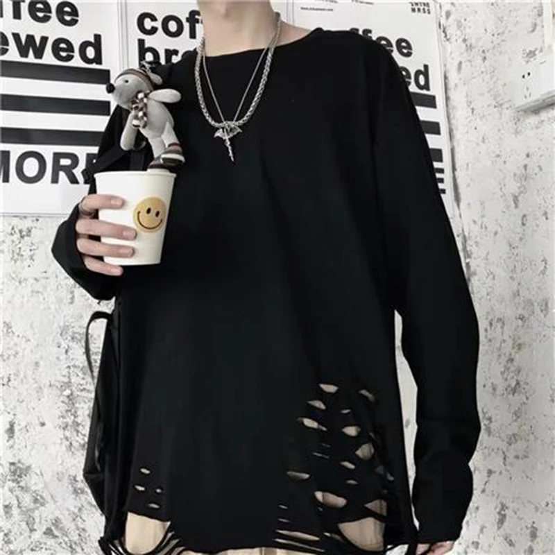 Hip Hop Ripped Hole Women Long Sleeve T Shirts 2022 New Korean Fashion Causal Harajuku Oversized Punk Gothic Clothes Black White