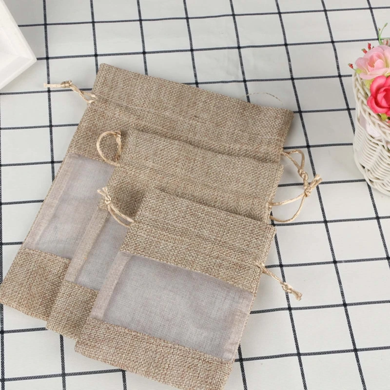 en Organza en toile jute avec cordon serrage, pour cadeaux mariage, échantillons cosmétiques, pochette en maille