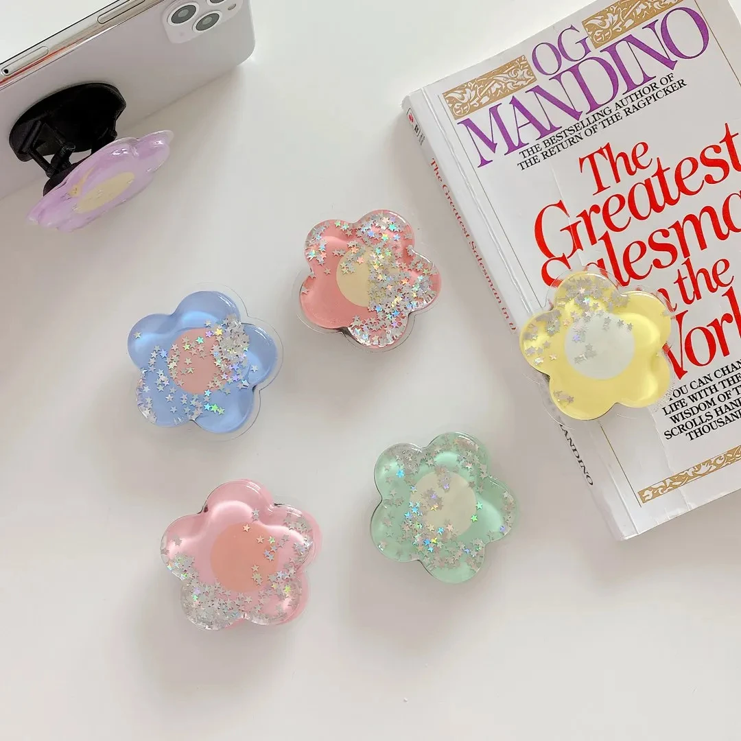 

Flower /Milk tea bear Cartoon Quicksand Grip Phone Expanding Holder Telescopic Finger Ring Holder universal Mobile Phone stand