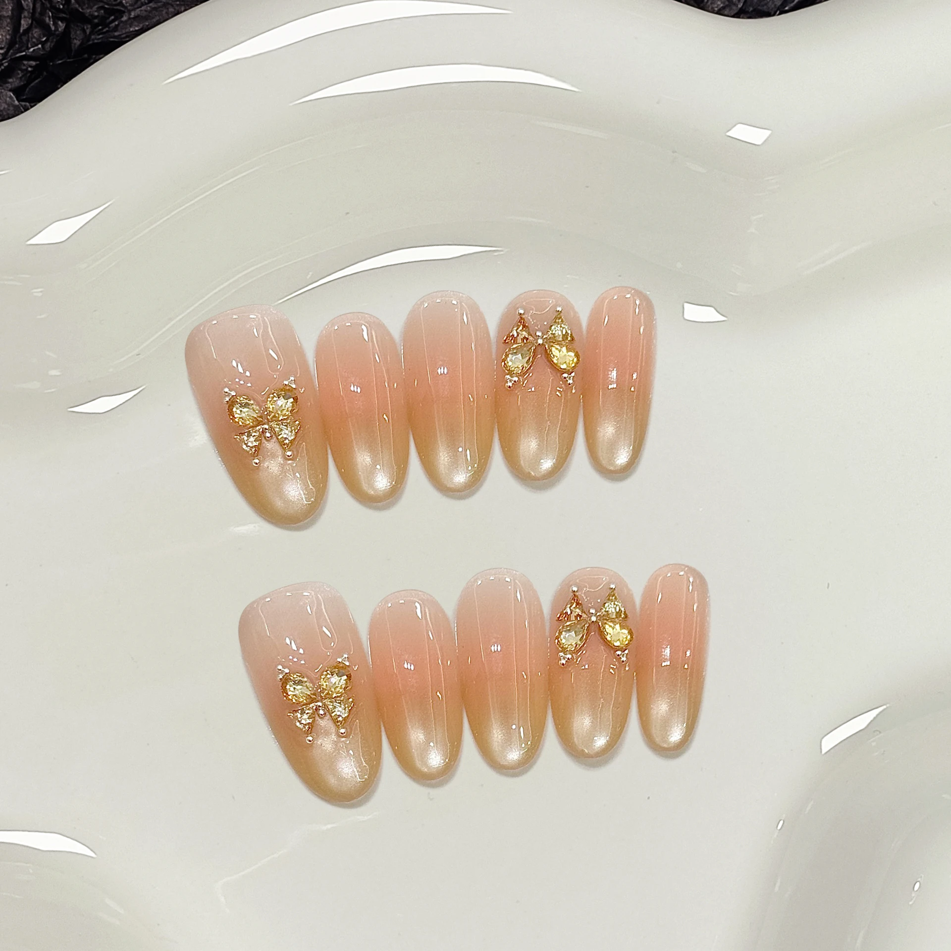 10Pcs Summer Mint Green Ocean Wave Pattern Handmade Nails 3D Yellow Flowers Cat Eye Art Nails Set Wearable Oval Fake Nail Tips